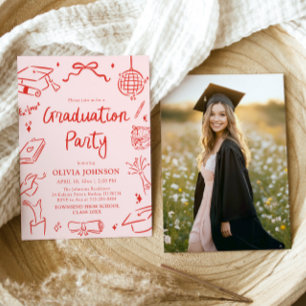 Modern Whimsical Hand Drawn Bow Graduation Party Invitation