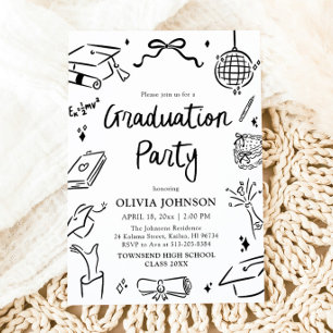 Modern Whimsical Hand Drawn Bow Graduation Party Invitation