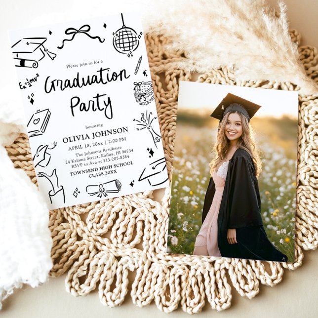 Modern Whimsical Hand Drawn Bow Graduation Party Invitation (Modern Whimsical Hand Drawn Bow Graduation Party Invitation)