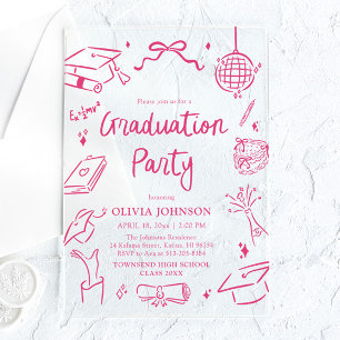Modern Whimsical Hand Drawn Pink Graduation Party Acrylic Invitations