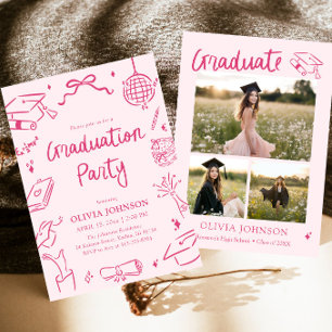 Modern Whimsical Hand Drawn Pink Graduation Party Invitation