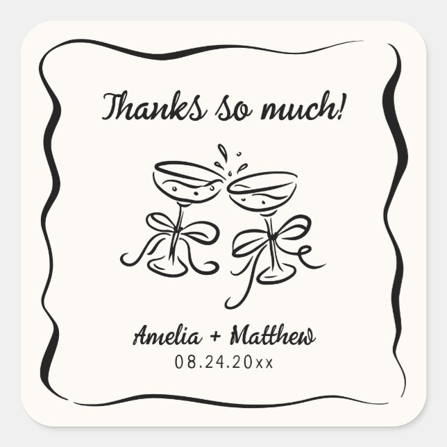Modern & Whimsical Hand Drawn Wedding Thank You Square Sticker (Front)