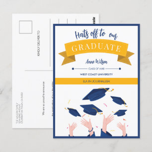 Modern Whimsical Hats Off Graduation Announcement Postcard