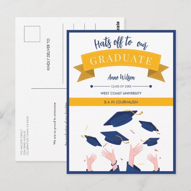 Modern Whimsical Hats Off Graduation Announcement Postcard (Front/Back)