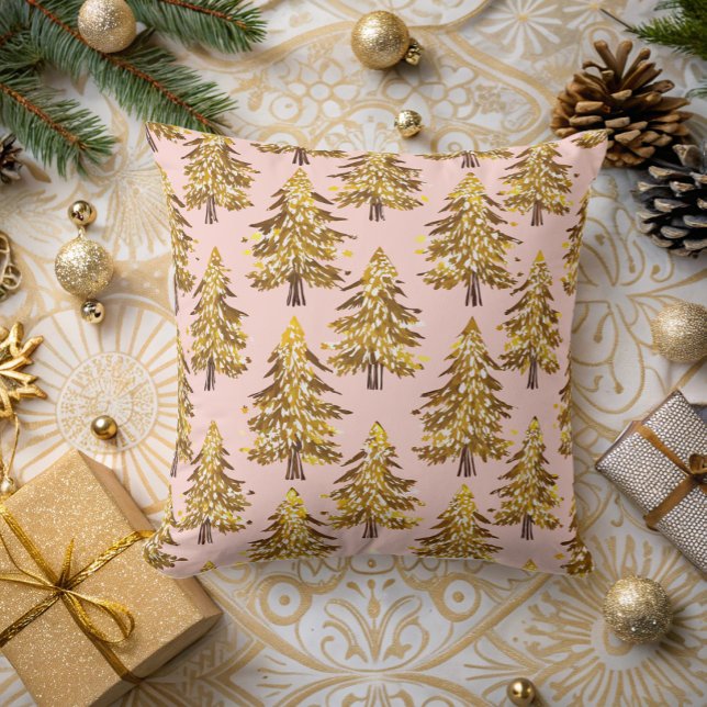 modern whimsical holidays trees gold pink pattern  throw pillow (Creator Uploaded)