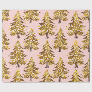 modern whimsical holidays trees gold pink pattern  wrapping paper