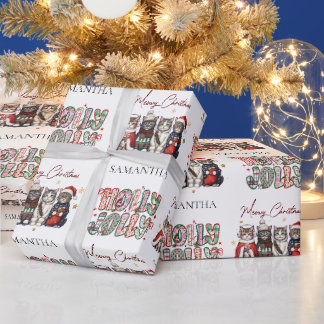 Modern Whimsical Holly Jolly Christmas Name  Wrapping Paper