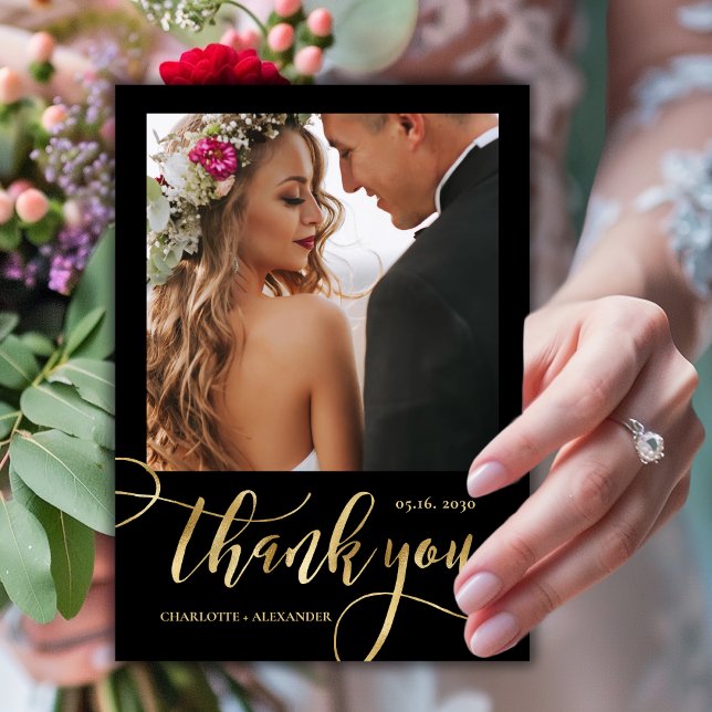 Modern Whimsical Huge Gold Script 2 Photo Wedding  Thank You Card (Creator Uploaded)