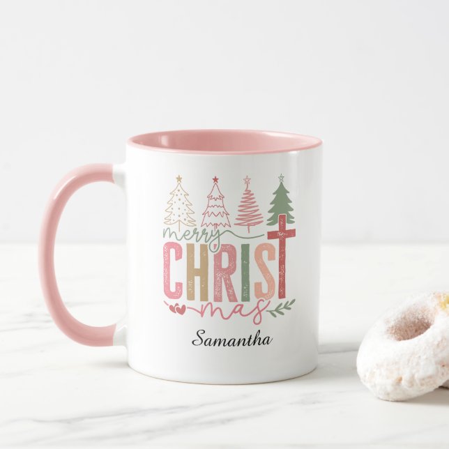Modern Whimsical Pastel Merry Christ Mas Name   Mug (With Donut)