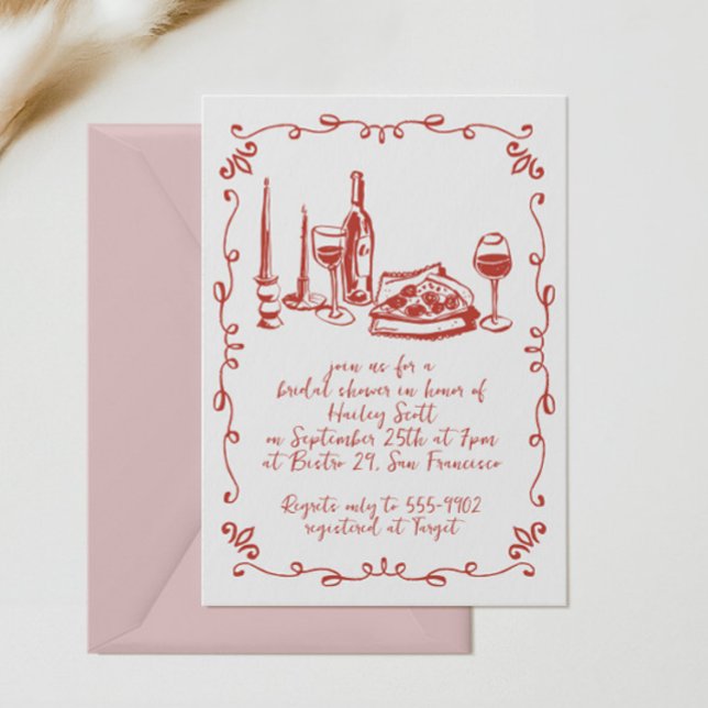Modern Whimsical Pizza Wine Doodle Bridal Shower Invitation (Creator Uploaded)