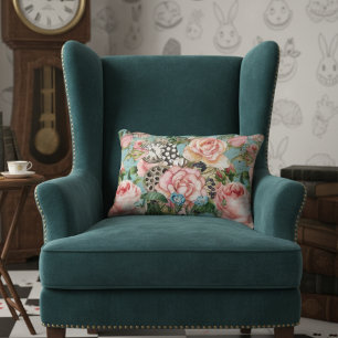 Modern Whimsical Roses And Clocks Pattern Blue Accent Pillow
