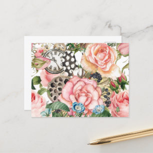 Modern Whimsical Roses And Clocks Pattern Blue Postcard