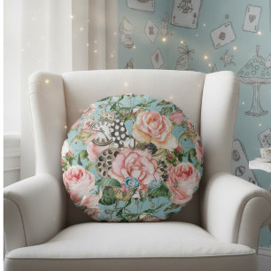 Modern Whimsical Roses And Clocks Pattern Blue Round Pillow