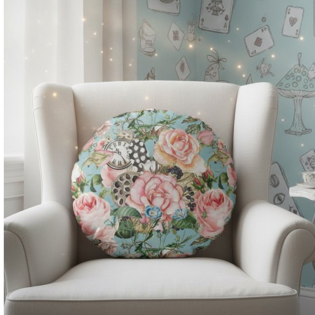 Modern Whimsical Roses And Clocks Pattern Blue Round Pillow (Creator Uploaded)