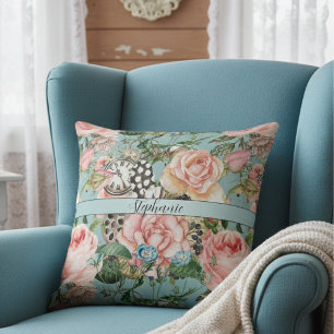 Modern Whimsical Roses And Clocks Pattern Blue Throw Pillow