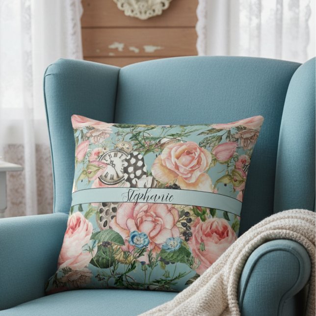 Modern Whimsical Roses And Clocks Pattern Blue Throw Pillow (Creator Uploaded)