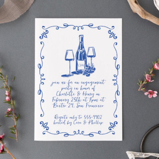 Modern Whimsical Wine Doodle Engagement Party Invitation (Creator Uploaded)