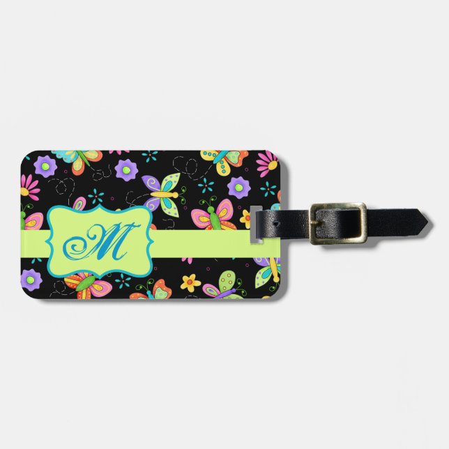 Modern Whimsy Butterflies on Black Monogram Luggage Tag (Front Horizontal)