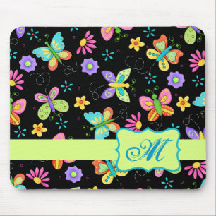 Modern Whimsy Butterflies on Black Monogram Mouse Pad