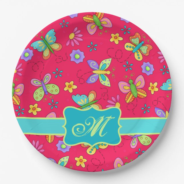 Modern Whimsy Butterflies on Red Monogram Paper Plate (Front)