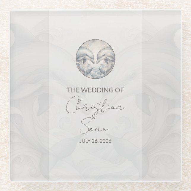 Modern Whimsy Dolphin Wedding  Glass Coaster (Front)