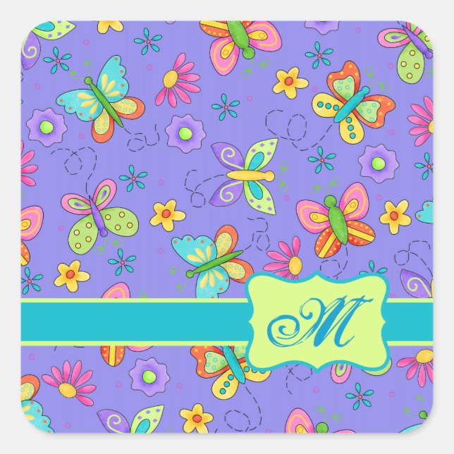 Modern Whimsy Lavender Butterfly Monogram Square Sticker (Front)