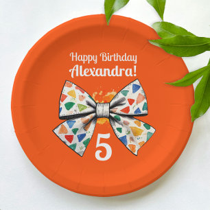 Modern Whimsy Orange Red Colorful Bow Watercolor Paper Plate