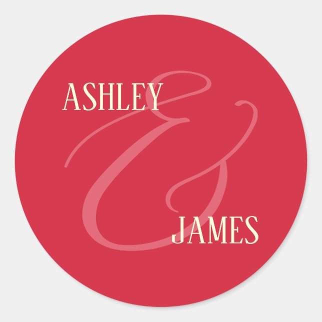 Modern Whimsy Red Ampersand Wedding Monogram  Classic Round Sticker (Front)