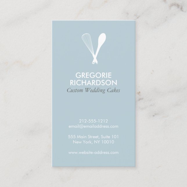 MODERN WHISK & SPOON LOGO on BLUE Business Card (Front)