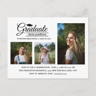 Modern White 3-Photo Graduation Party Postcard