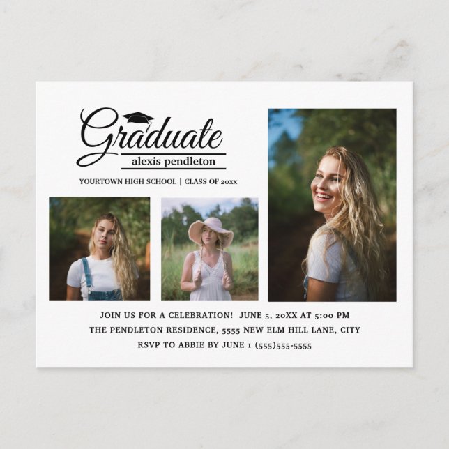 Modern White 3-Photo Graduation Party Postcard (Front)