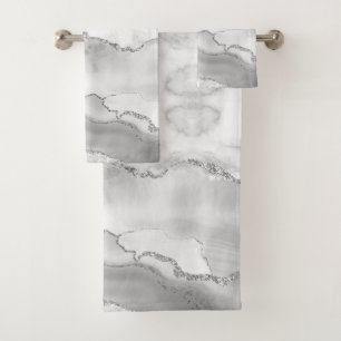 Modern White Agate Silver Faux Glitter Marble Bath Towel Set