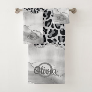 Modern White Agate Silver Monogram Leopard Print Bath Towel Set