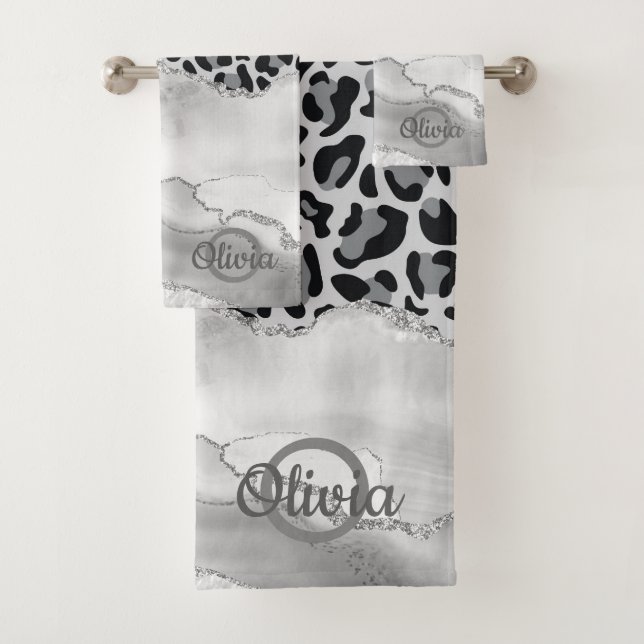 Modern White Agate Silver Monogram Leopard Print Bath Towel Set (Insitu)