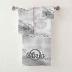 Modern White Agate Silver Monogram Marble Bath Bath Towel Set