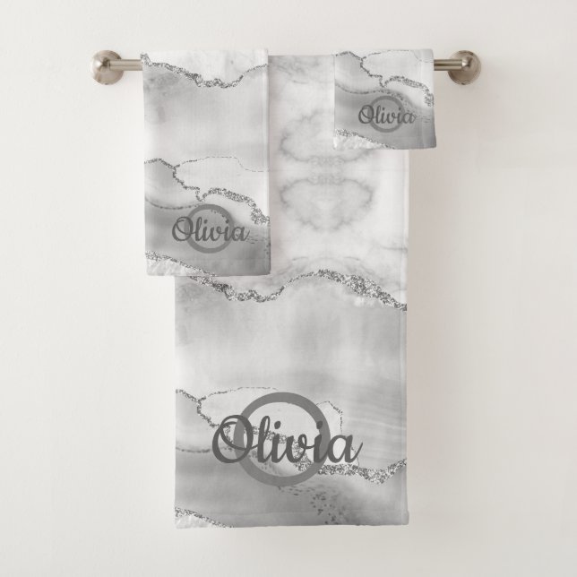 Modern White Agate Silver Monogram Marble Bath Bath Towel Set (Insitu)