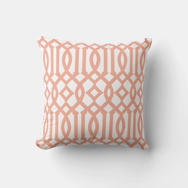 Modern White and Apricot Orange Trellis Pattern Throw Pillow (Front)