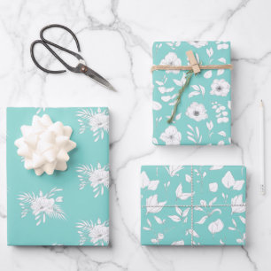 Modern White and Aqua Flowers and Leaves Wrapping Paper Sheet