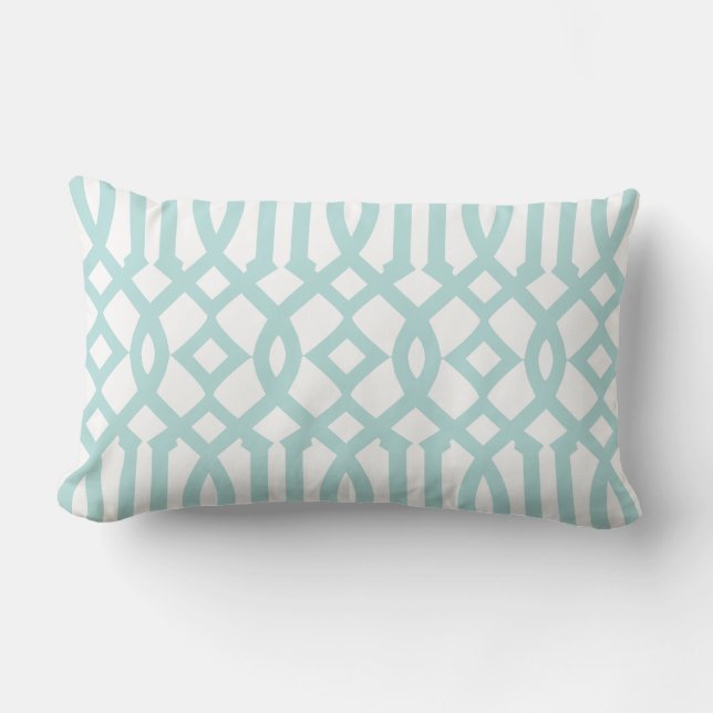 Modern White and Aqua Trellis Pattern Lumbar Pillow (Front)