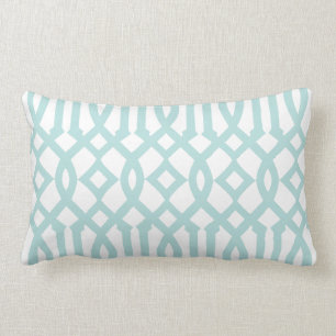 Modern White and Aqua Trellis Pattern Lumbar Pillow