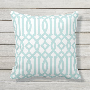 Modern White and Aqua Trellis Pattern Outdoor Pillow