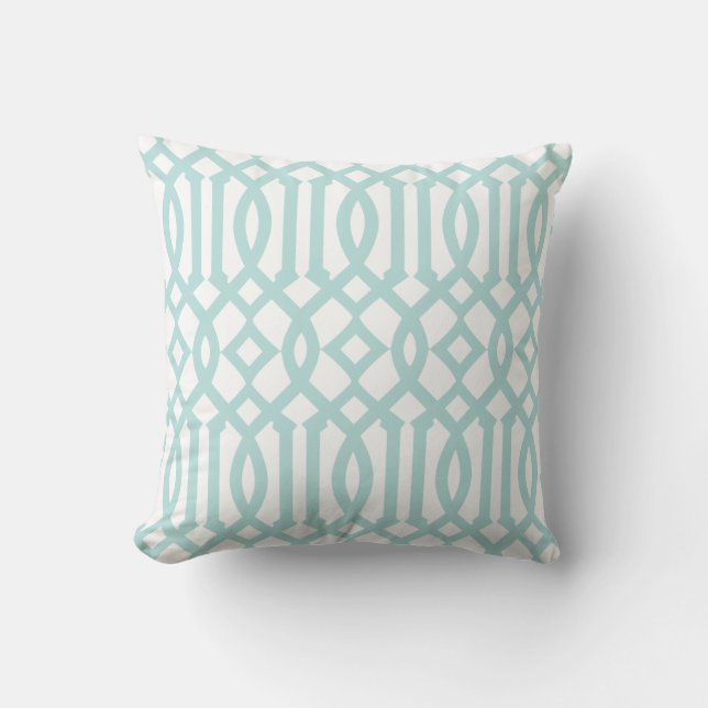 Modern White and Aqua Trellis Pattern Throw Pillow (Front)