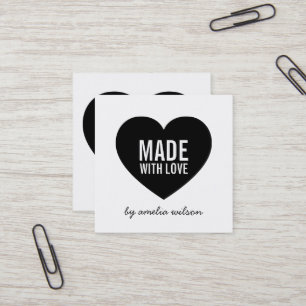 Modern White and Black Made with Love Heart Square Business Card