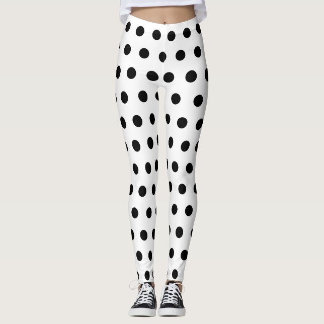 Modern white and black polka dots spots pattern leggings (Front)