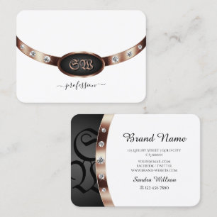 Modern White and Black Rose Gold Monogram Diamonds Business Card