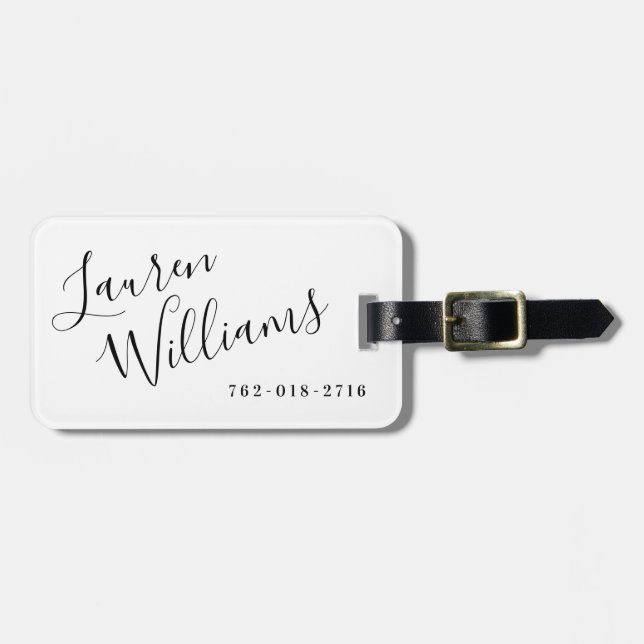 Modern White and Black Script Luggage Tag (Front Horizontal)
