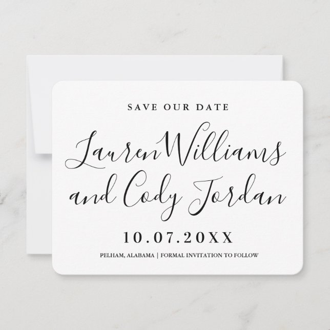 Modern White and Black Script Save the Date Invitation (Front)