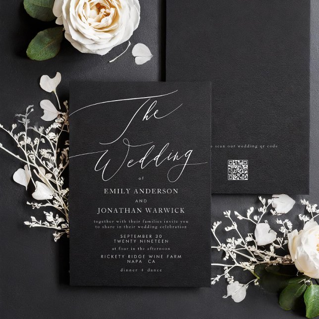 Modern White and Black Simple QR CODE back Wedding Invitation (Creator Uploaded)