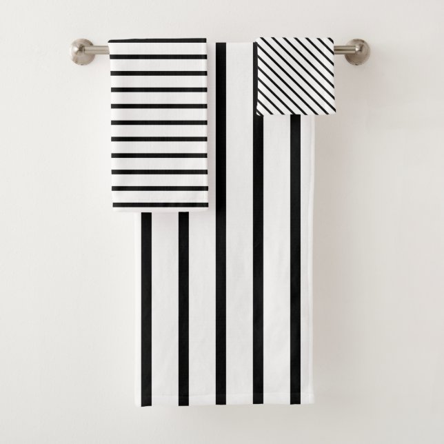 Modern White and Black Stripe Bath Towel Set (Insitu)