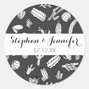 Modern White and Black Succulent Cactus  Pattern Classic Round Sticker